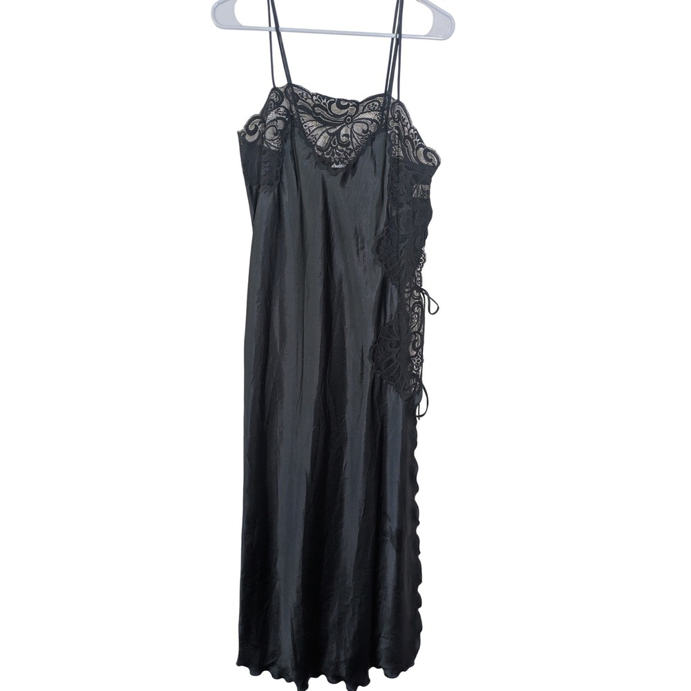 Vintage 80s / 90s Blanche Black Satin Maxi Slip Dress Side Slit Lace and Ties M